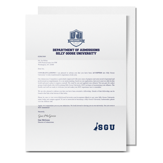 Customizable Silly Goose University Acceptance Letter (DIGITAL)