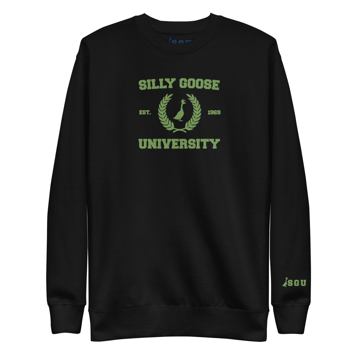 SGU Spooky Collegiate Seal | Premium Unisex Crewneck - Black/ Lime - Embroidered