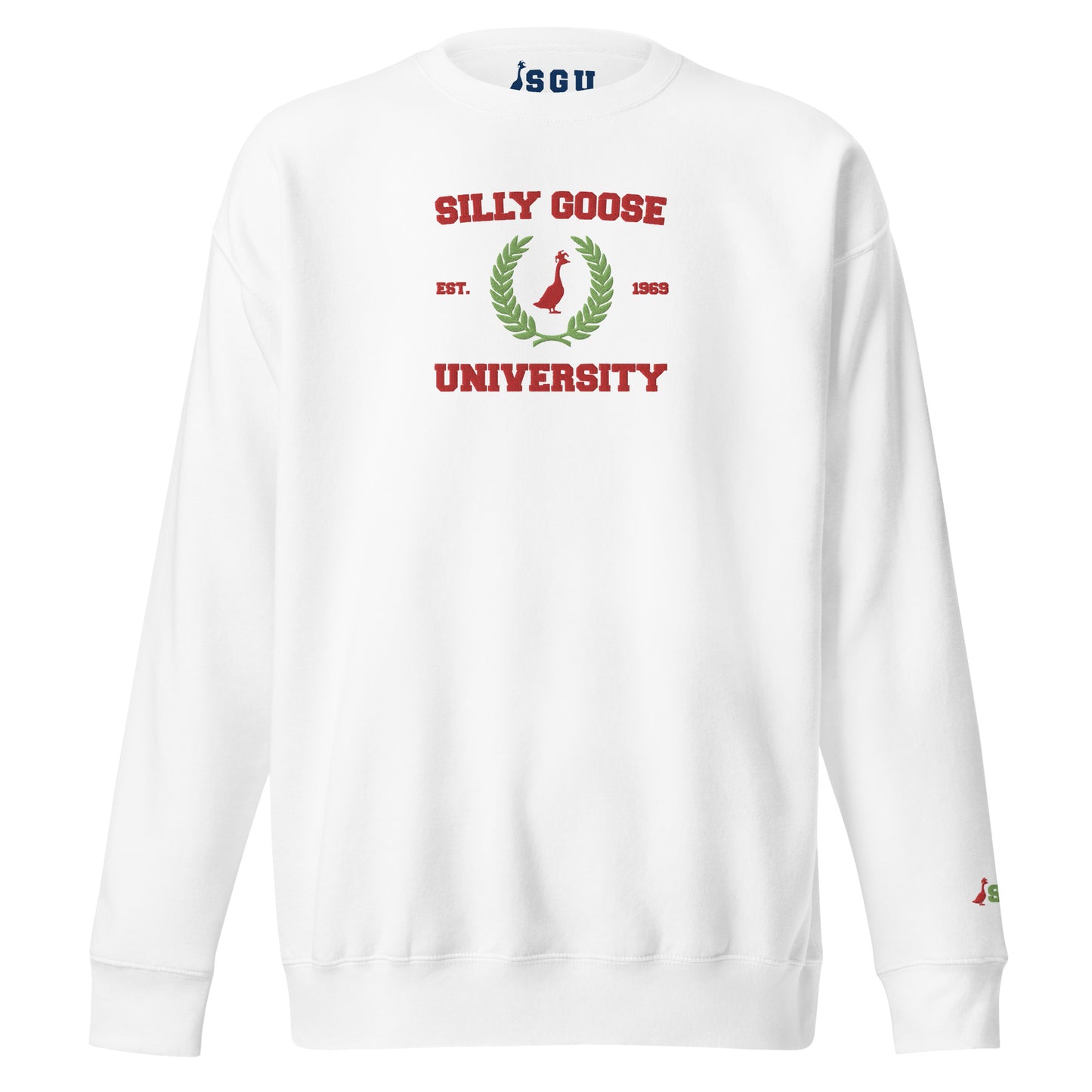SGU Collegiate Seal Winter Wonderland Edition | Premium Unisex Crewneck - White/Green/ Red - Embroidered