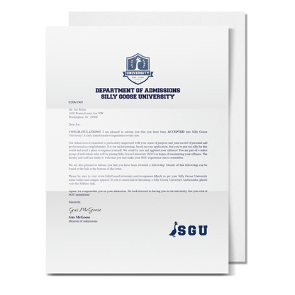 Customizable Silly Goose University Acceptance Letter