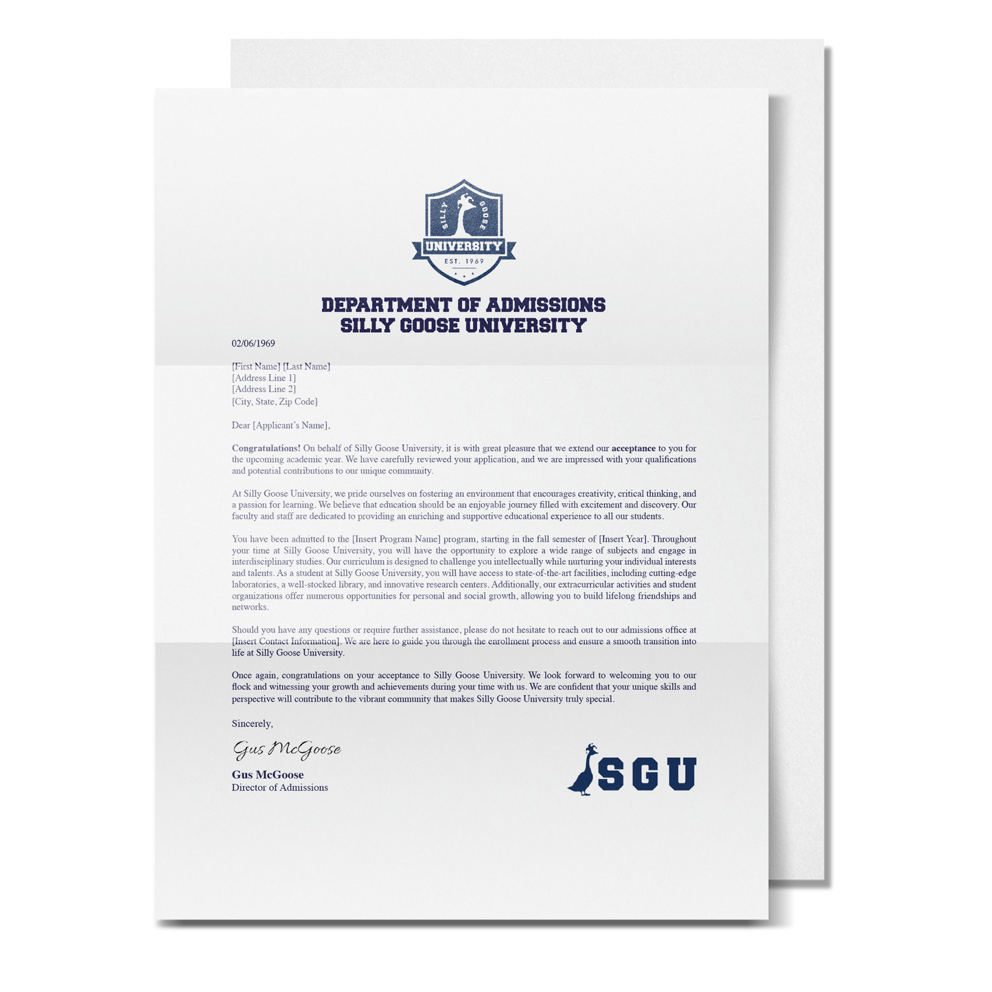 Customizable Silly Goose University Acceptance Letter (DIGITAL)