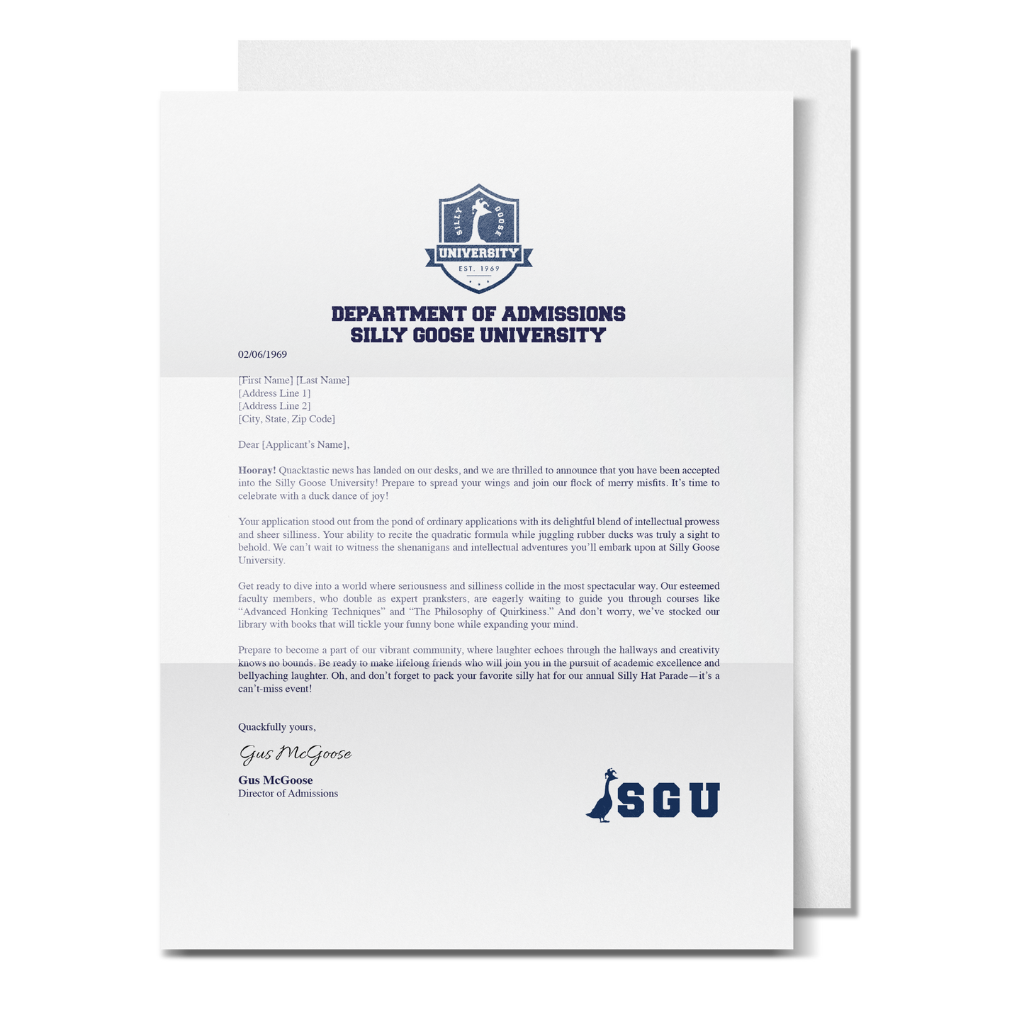 Customizable Silly Goose University Acceptance Letter (DIGITAL)