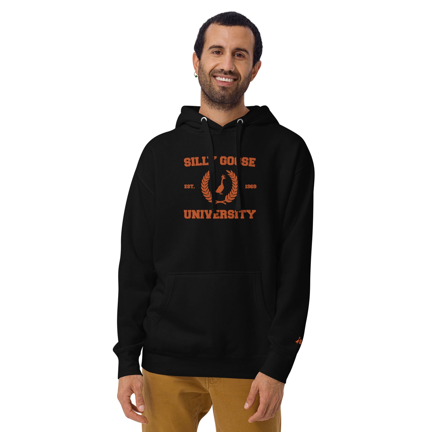 SGU Spooky Collegiate Seal | Premium Unisex Hoodie - Black/ Orange - Embroidered