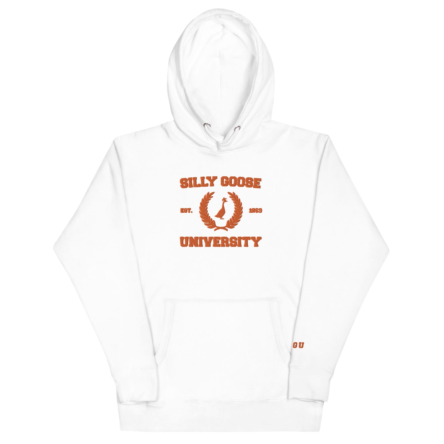 SGU Spooky Collegiate Seal | Premium Unisex Hoodie - White/ Orange - Embroidered