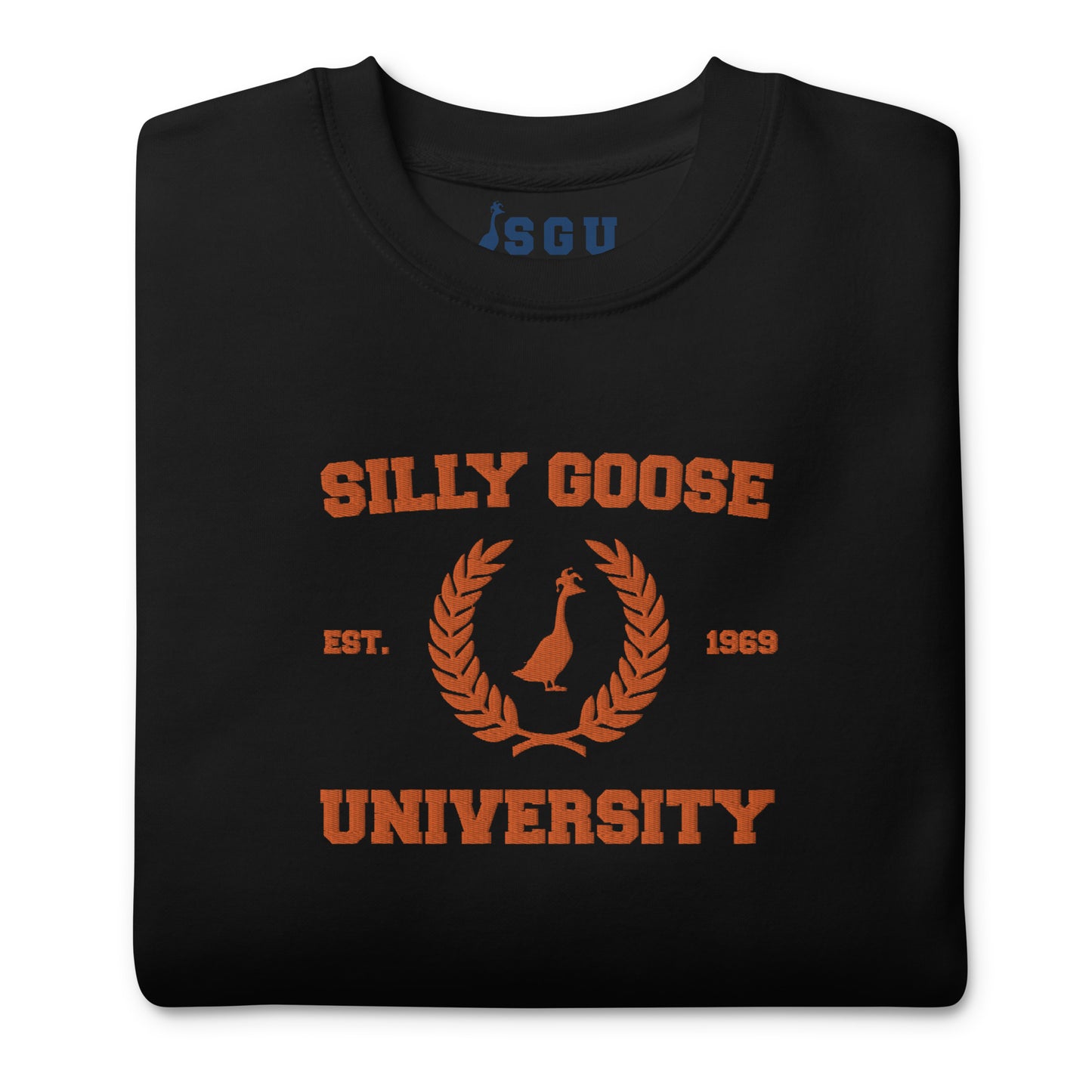 SGU Spooky Collegiate Seal | Premium Unisex Crewneck - Black/ Orange - Embroidered