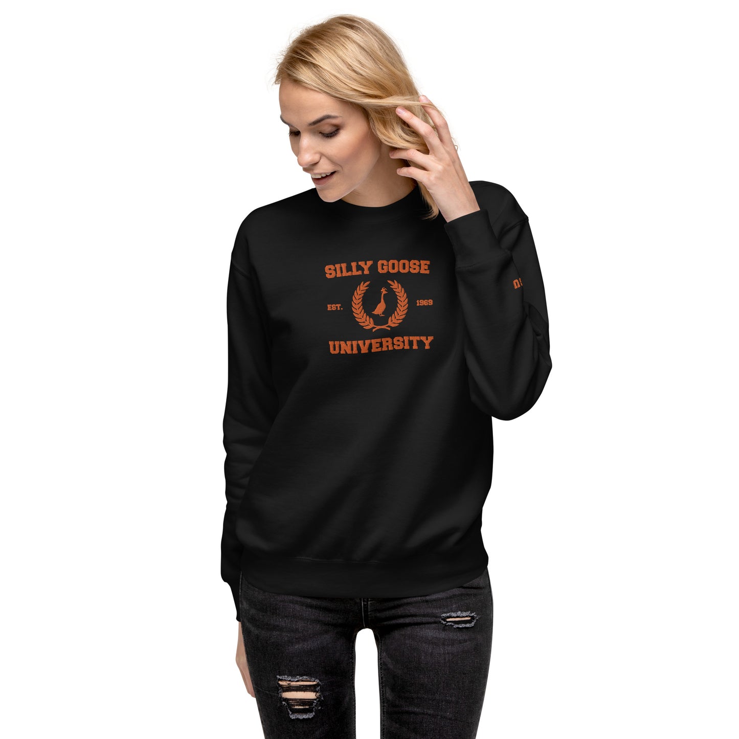 SGU Spooky Collegiate Seal | Premium Unisex Crewneck - Black/ Orange - Embroidered