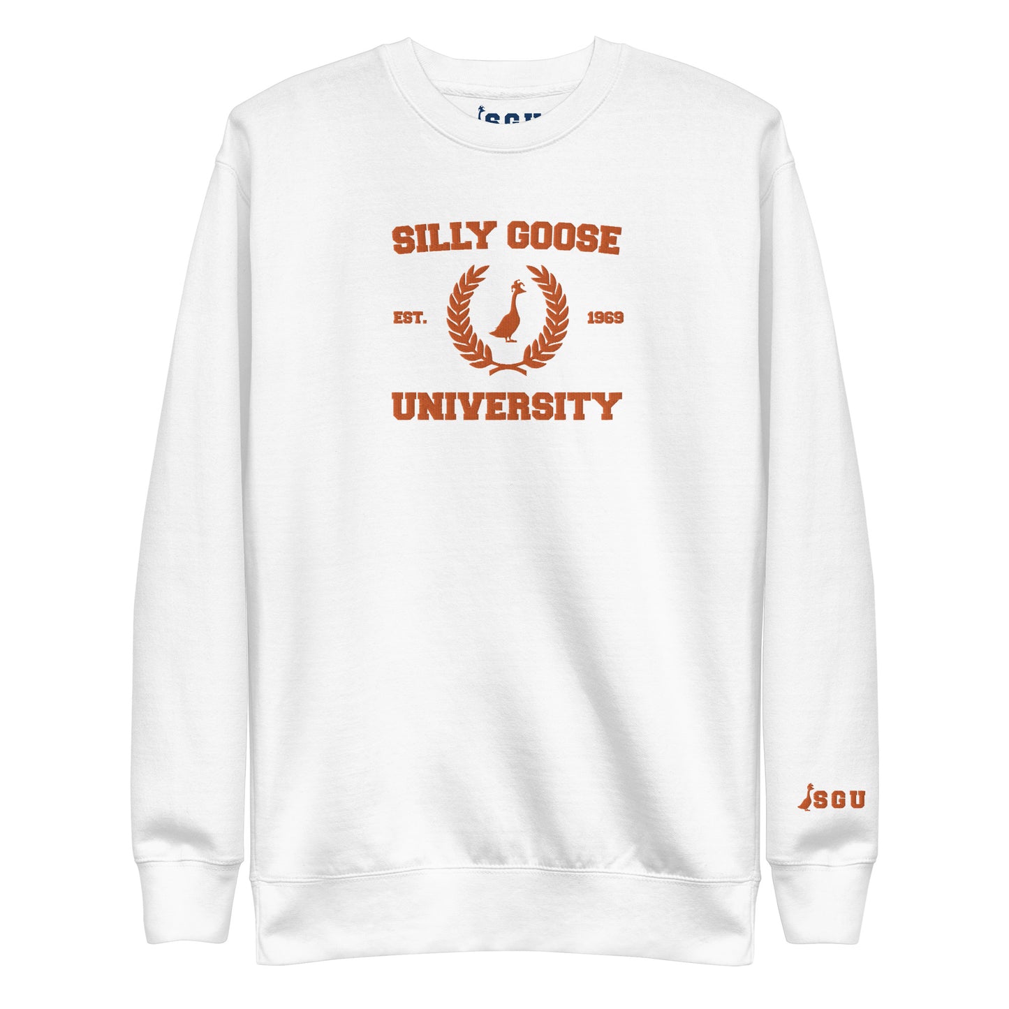 SGU Spooky Collegiate Seal | Premium Unisex Crewneck - White/ Orange - Embroidered