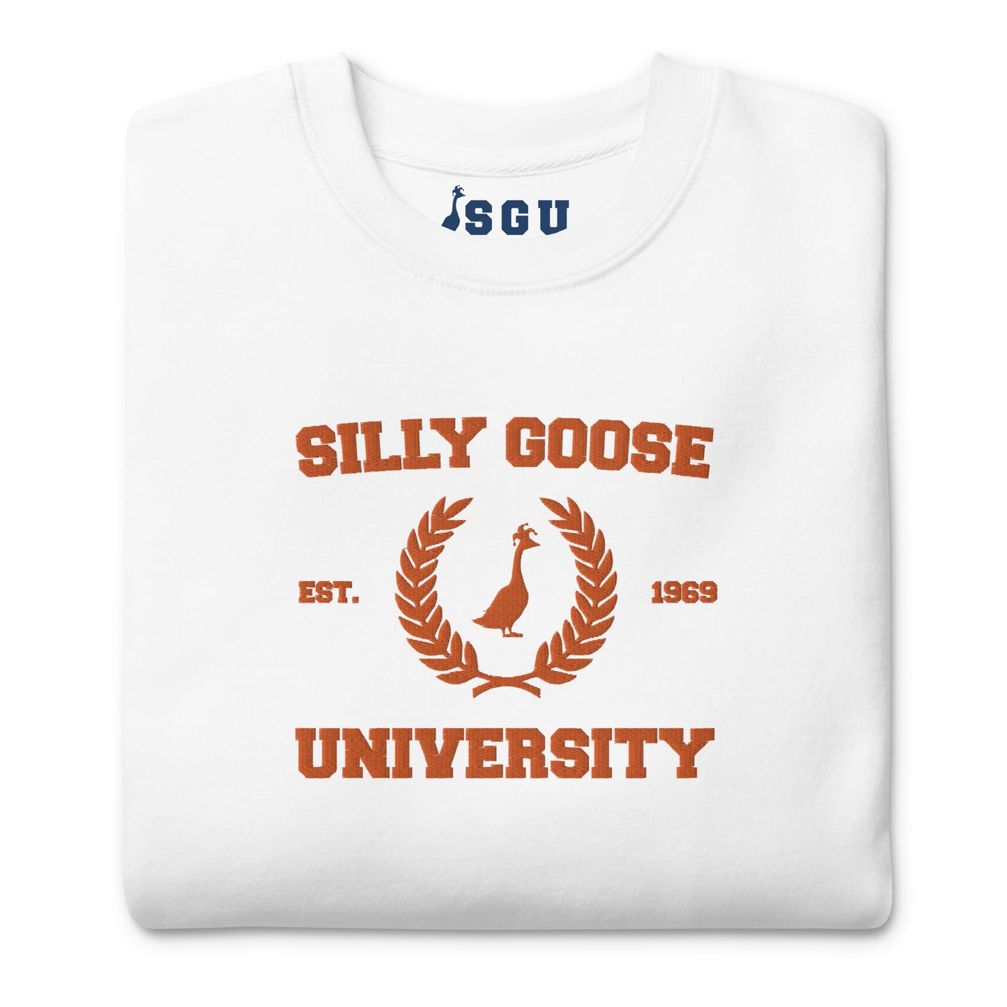 SGU Spooky Collegiate Seal | Premium Unisex Crewneck - White/ Orange - Embroidered