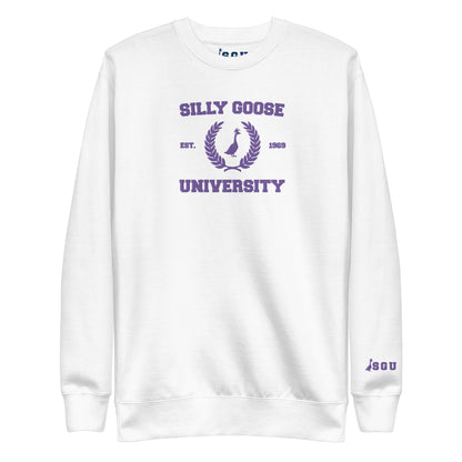 SGU Spooky Collegiate Seal | Premium Unisex Crewneck - White/ Purple - Embroidered