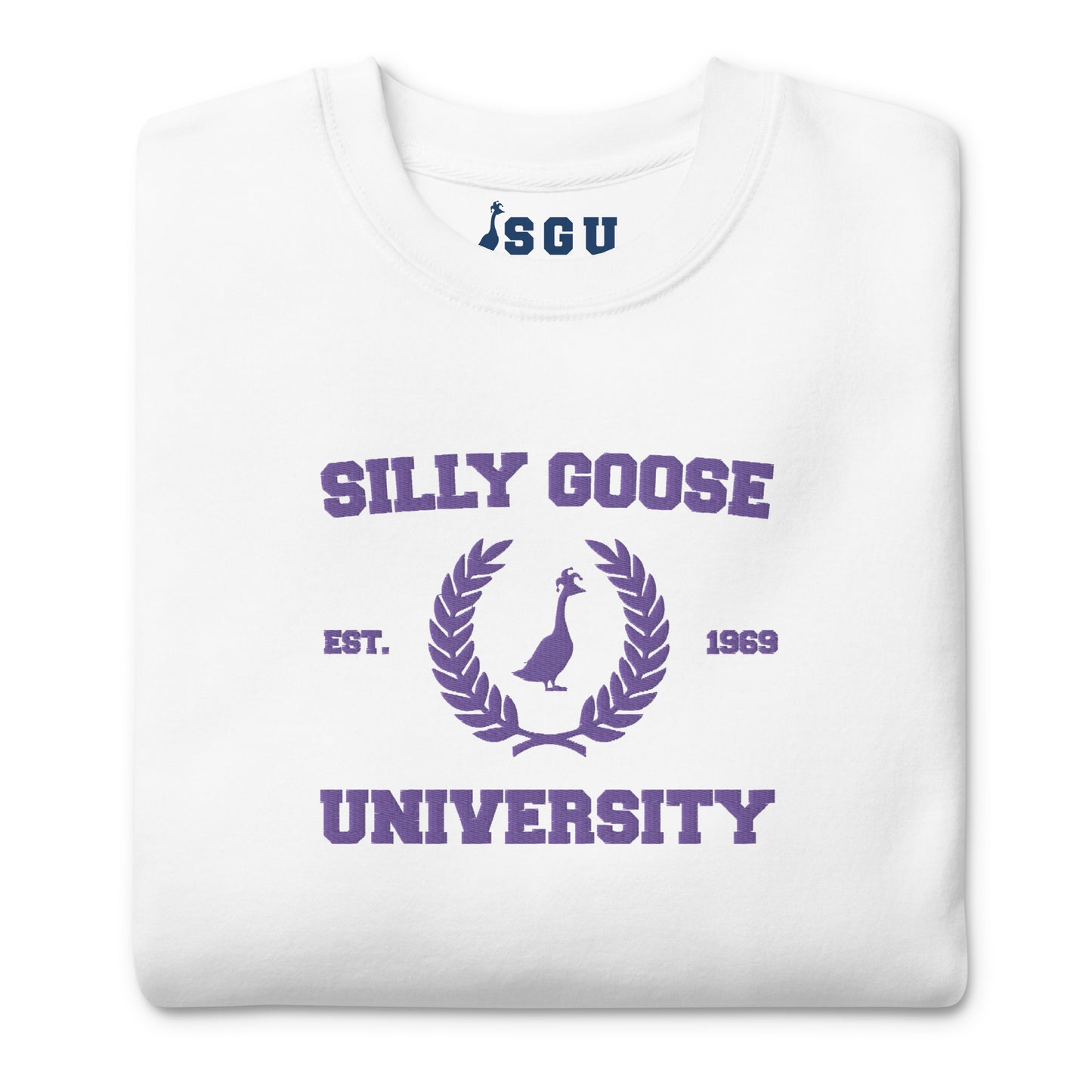 SGU Spooky Collegiate Seal | Premium Unisex Crewneck - White/ Purple - Embroidered