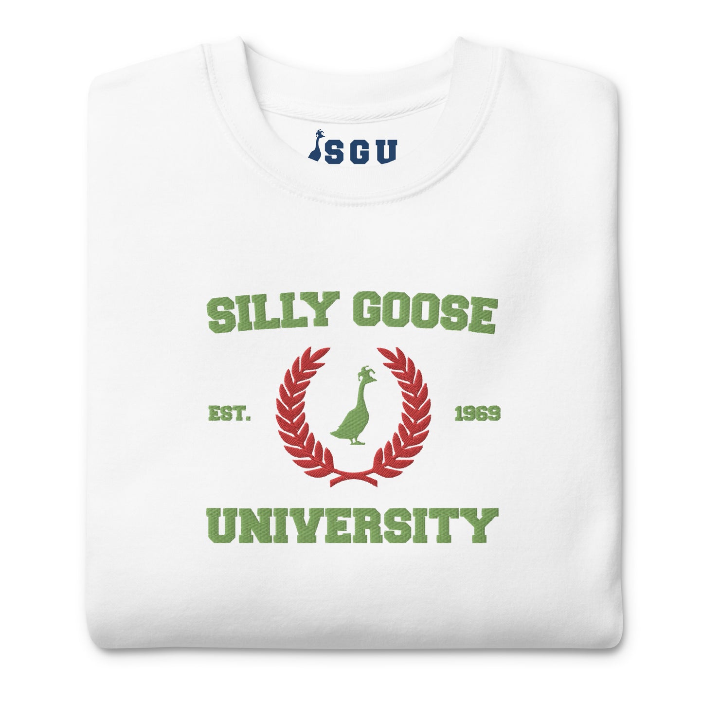 SGU Collegiate Seal Winter Wonderland Edition | Premium Unisex Crewneck - White/Red/Green - Embroidered