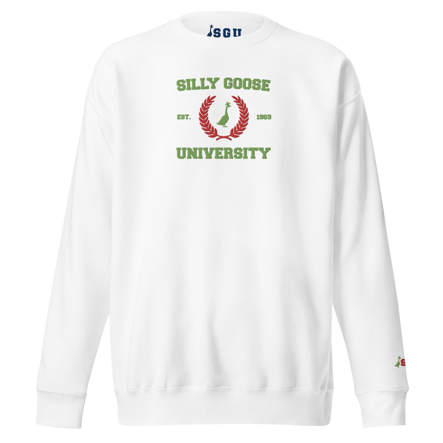 SGU Collegiate Seal Winter Wonderland Edition | Premium Unisex Crewneck - White/Red/Green - Embroidered