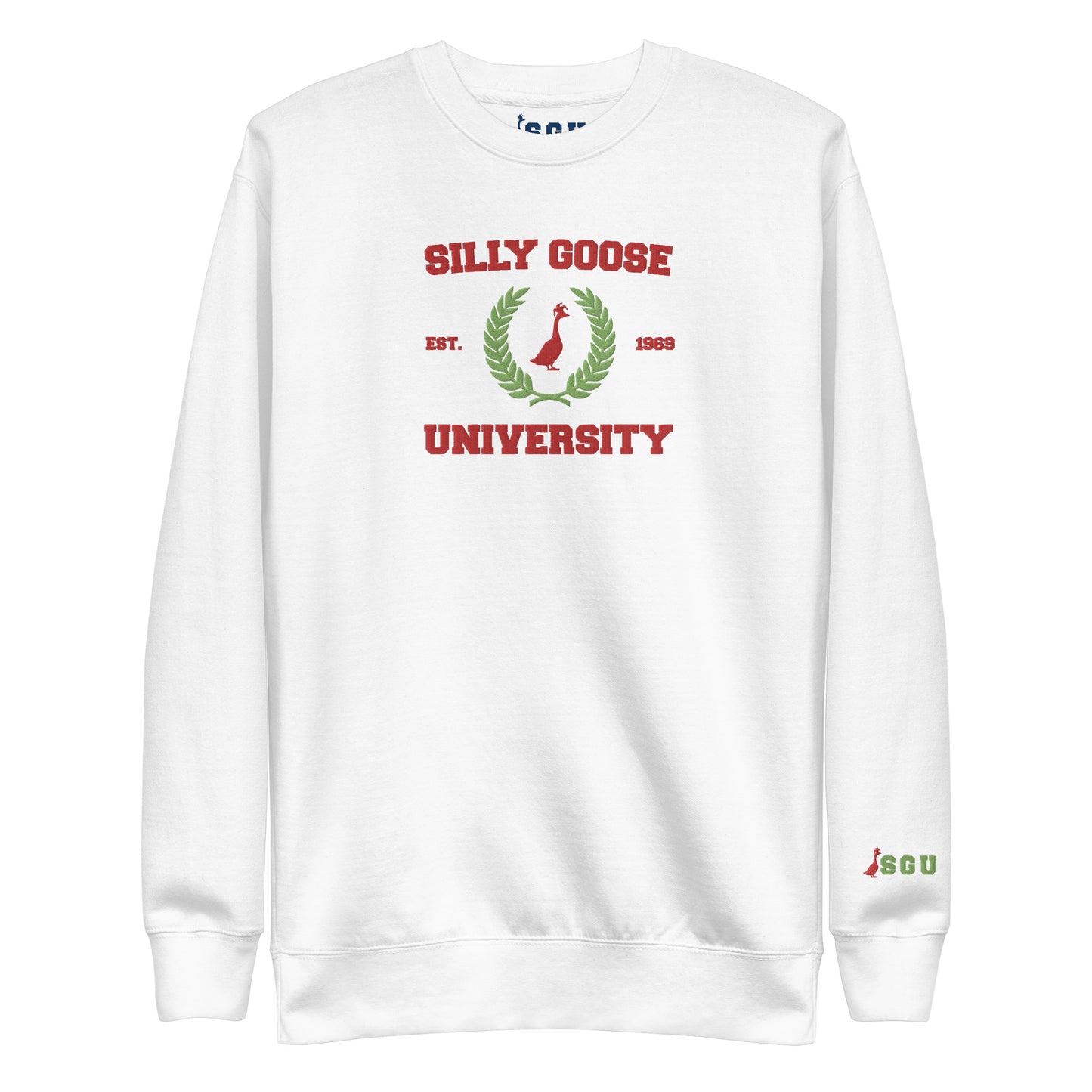 SGU Collegiate Seal Winter Wonderland Edition | Premium Unisex Crewneck - White/Green/ Red - Embroidered