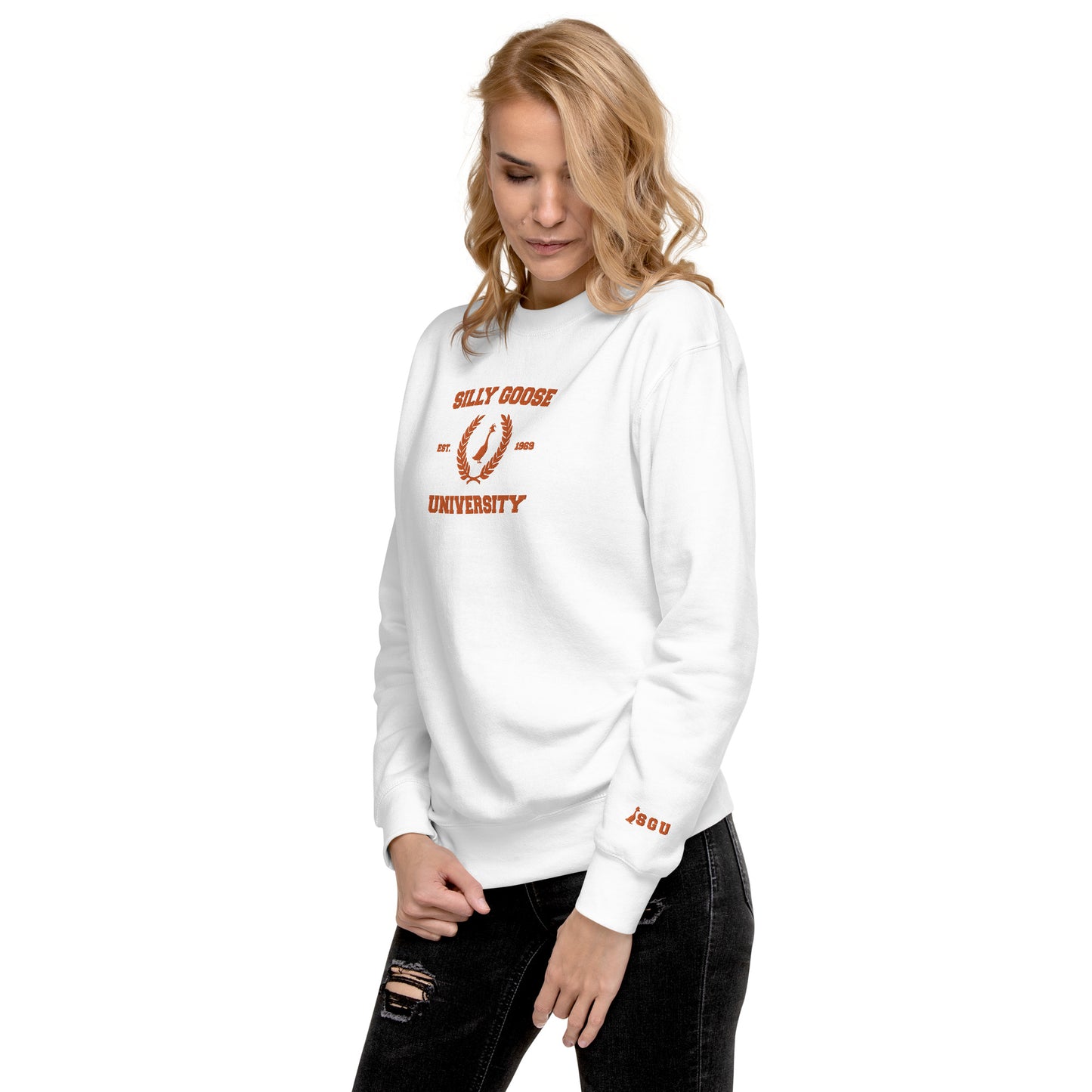 SGU Spooky Collegiate Seal | Premium Unisex Crewneck - White/ Orange - Embroidered