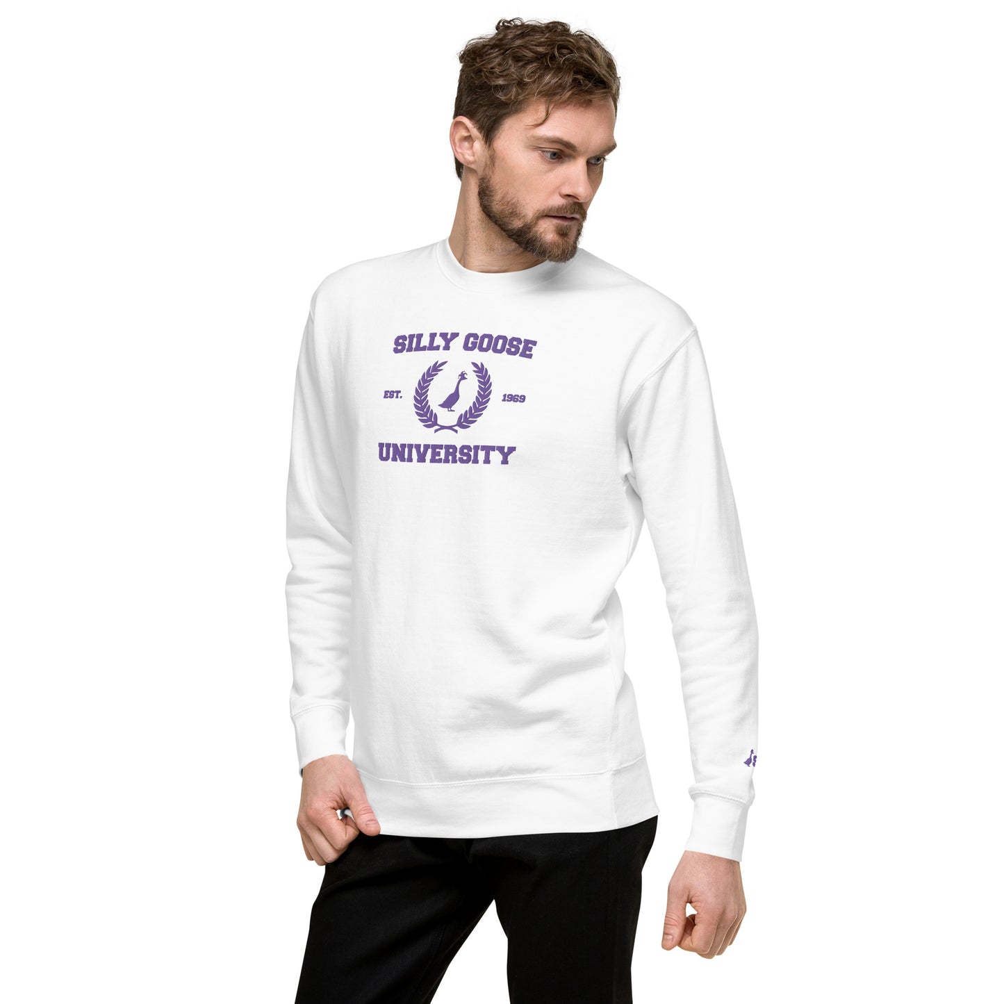 SGU Spooky Collegiate Seal | Premium Unisex Crewneck - White/ Purple - Embroidered