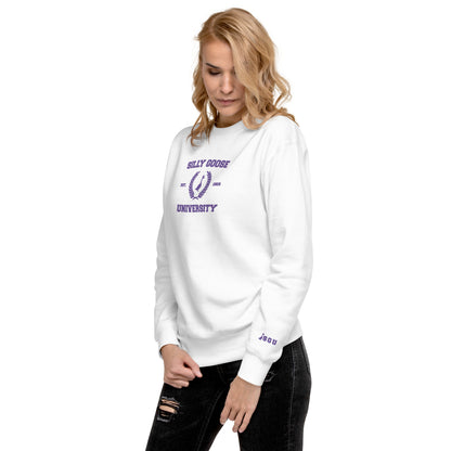 SGU Spooky Collegiate Seal | Premium Unisex Crewneck - White/ Purple - Embroidered