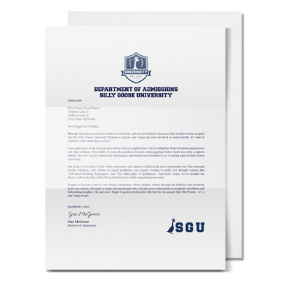 Customizable Silly Goose University Acceptance Letter