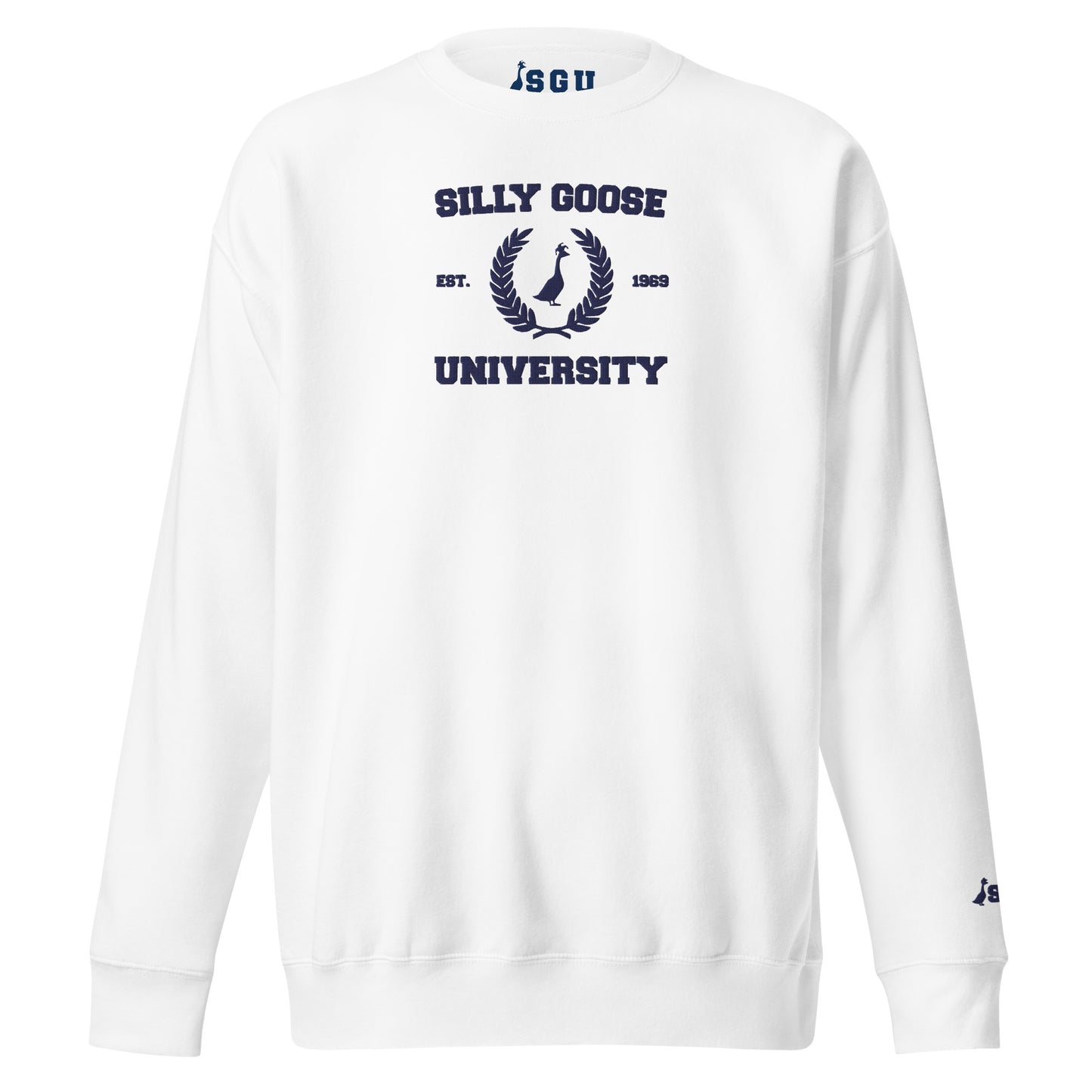 SGU Collegiate Seal | Premium Unisex Crewneck - White/ Navy - Embroidered