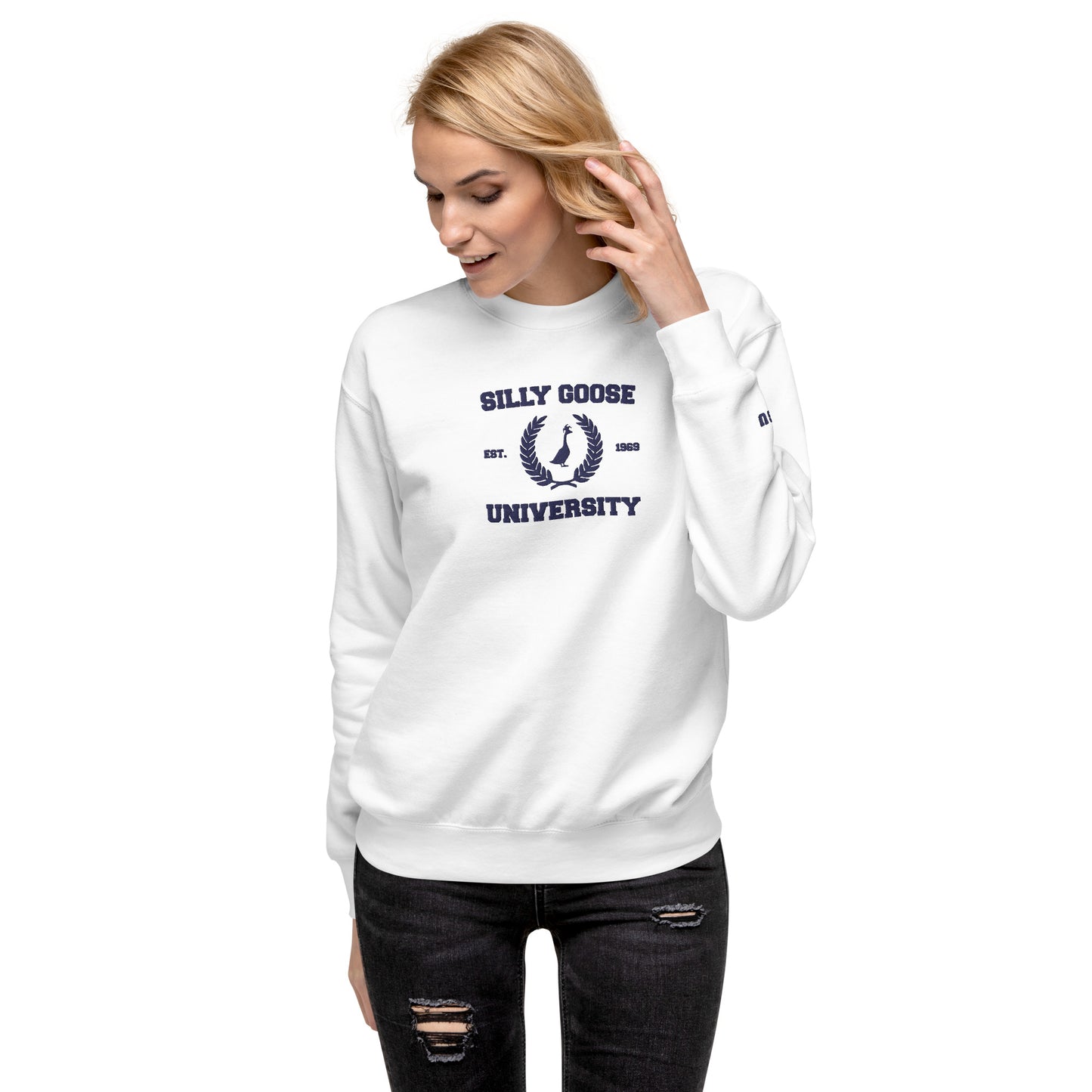 SGU Collegiate Seal | Premium Unisex Crewneck - White/ Navy - Embroidered