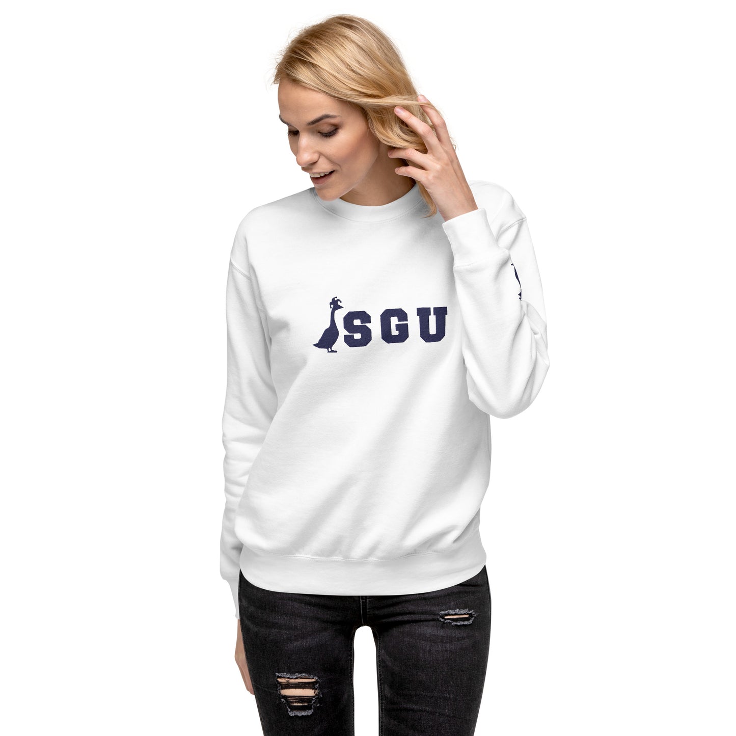 SGU | Premium Unisex Crewneck - White/ Navy - Embroidered